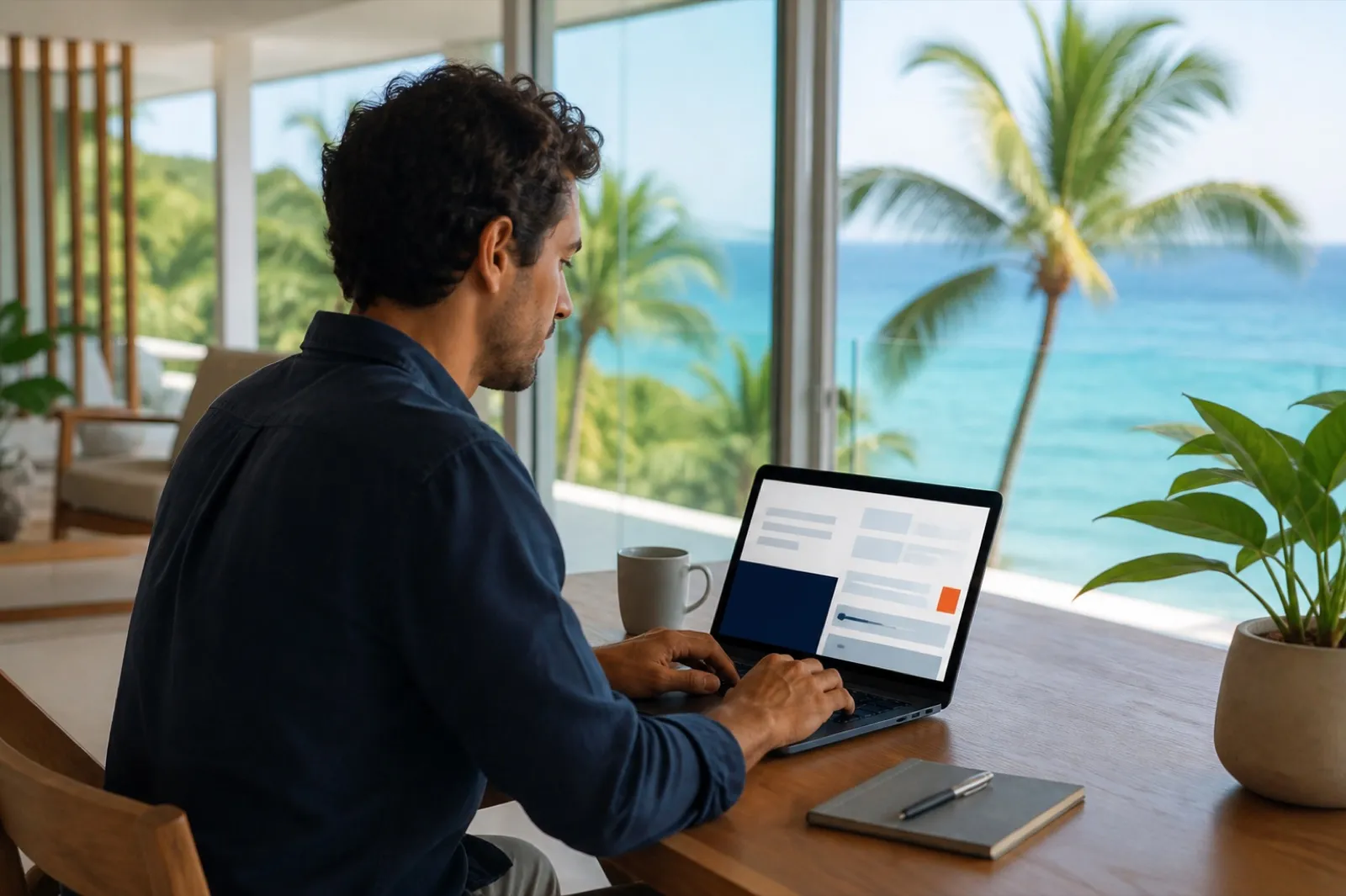 An ePróspera applicant working online from a bright Caribbean workspace.